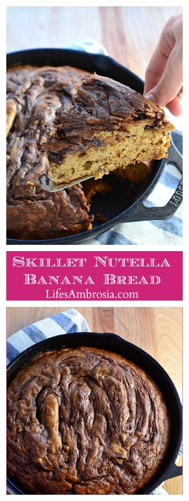 This skillet Nutella banana bread is moist, decadent and loaded with bananas and Nutella. It makes a great breakfast AND dessert.