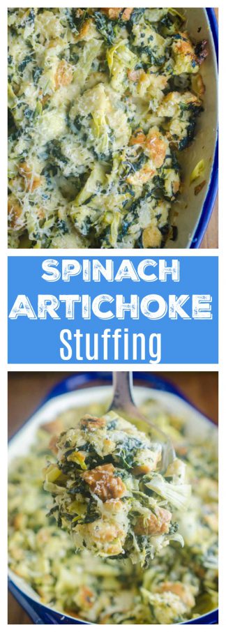 Spinach Artichoke Stuffing is a mashup of everyone's favorite party dip and everyone's favorite Thanksgiving side. It's loaded with spinach, artichokes and parmesan cheese. It's a must for your holiday table!