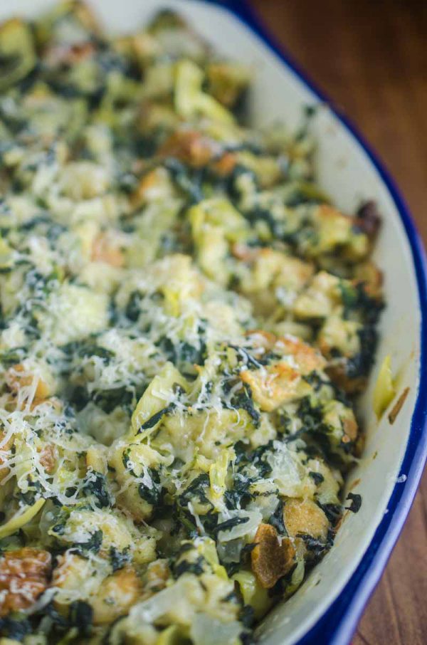 Spinach Artichoke Stuffing is a mashup of everyone's favorite party dip and everyone's favorite Thanksgiving side. It's loaded with spinach, artichokes and parmesan cheese.