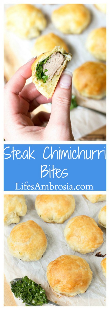 Steak ChimichurrI Bites are steak wrapped in puff pastry and slathered with chimichurri and they are the perfect football food!
