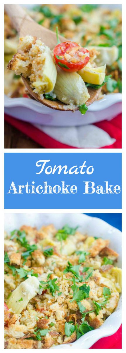 Tomato Artichoke Bake is the perfect side! It's loaded with artichoke hearts, fresh bread crumbs, tomatoes, grated parmesan and then baked until golden. 