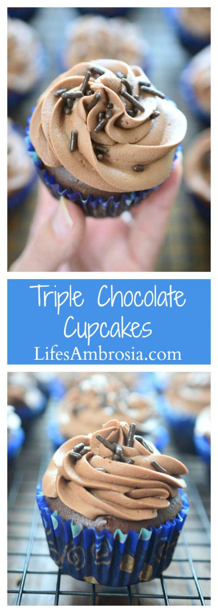 Triple Chocolate Cupcakes. Chocolate cupcakes loaded with chocolate chips & topped with chocolate frosting. Chocolate lovers rejoice and then pass the milk!