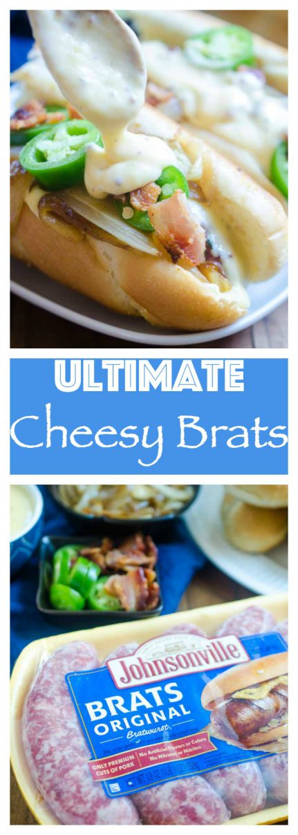 Ultimate cheesy brats are loaded with caramelized onions, cheese sauce, jalapeños and bacon. They are the perfect way to celebrate National Bratwurst day! #ad