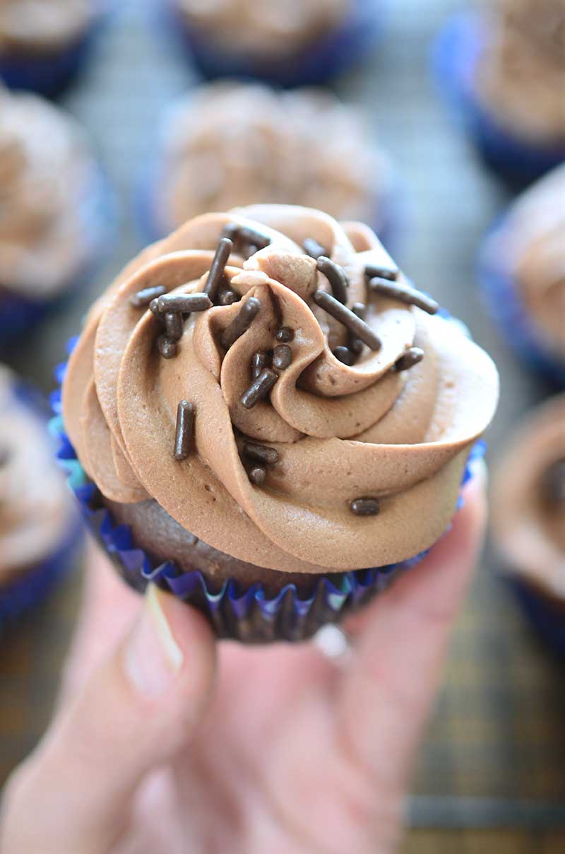Triple Chocolate Cupcakes. Chocolate cupcakes loaded with chocolate chips & topped with chocolate frosting. Chocolate lovers rejoice and then pass the milk!