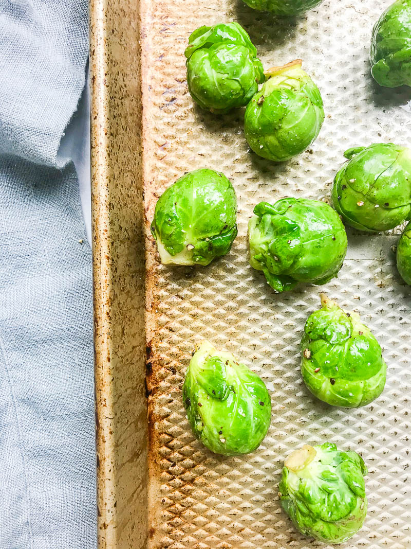 Brussels Sprouts on roasting pan. 