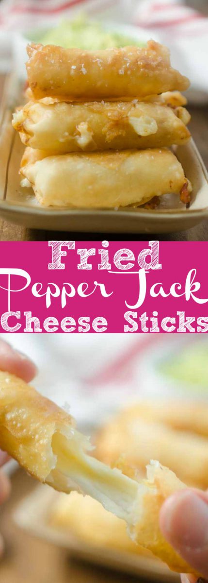Fried Pepper Jack Cheese Sticks are a must for any game day! Spicy pepper jack cheese, wrapped in a wonton wrapper and fried until melted and golden. 