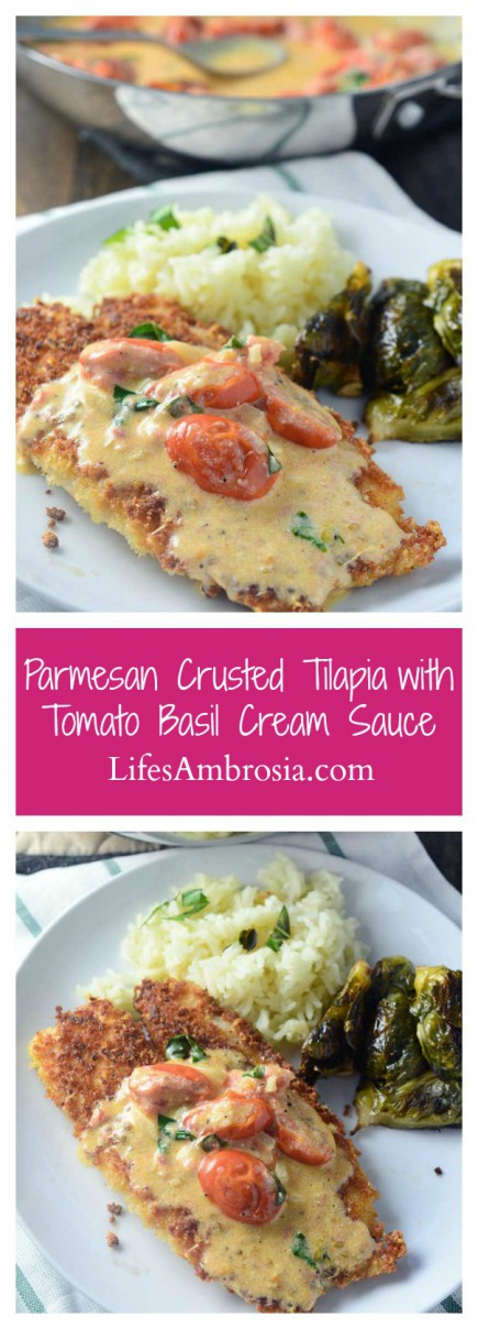 This parmesan crusted tilapia is coated in Parmesan and panko then pan fried until golden brown. Topped with tomato basil cream sauce.