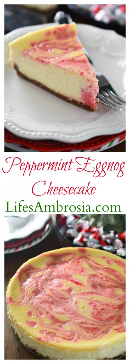 Luscious eggnog cheesecake is swirled with melted Hershey's Candy Cane Kisses in this Peppermint Eggnog Cheesecake making it a perfect holiday treat!