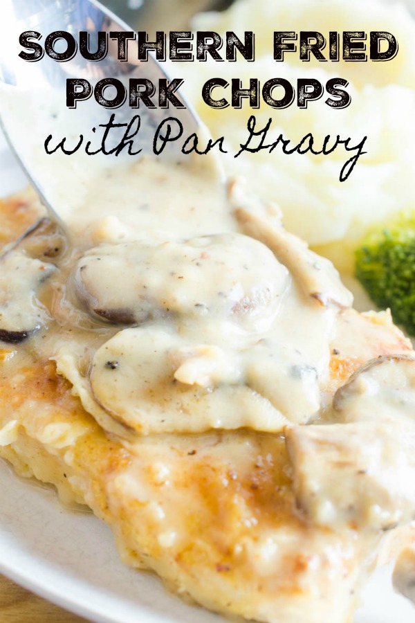Southern fried pork chops with mushroom gravy is the best comfort food meal for a chilly night. Tender pork, dredged in seasoned flour and smothered with pan gravy. It never fails to satisfy. #comfortfood #porkchops #southernporkchops
