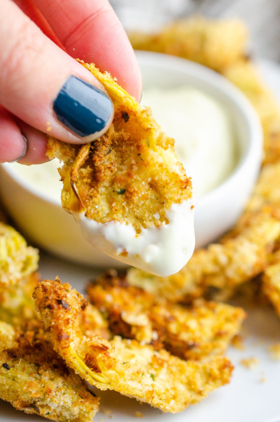 Close up of air fried artichoke hearts with aioli