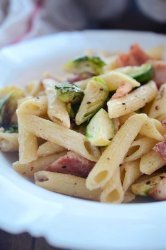 Bacon and Brussels Sprouts Penne is a creamy, decadent pasta dish with tender brussels sprouts and smoky bacon. It is the perfect pasta dish to welcome comfort food season.
