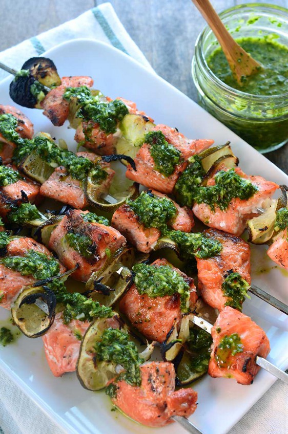 Celebrate salmon season with these quick, easy and oh so flavorful Chimichurri Salmon Skewers. This easy salmon recipe is made with wild Alaskan salmon.