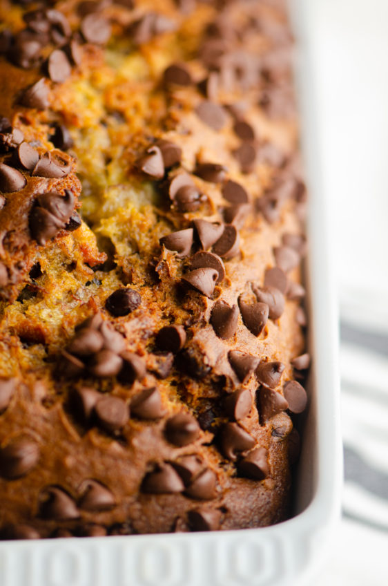 Close up photo of mini chocolate chips on top of banana bread.