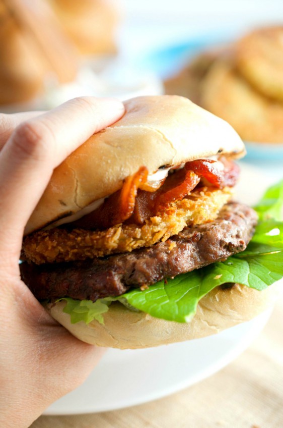 This burger gets a southern twist with bacon and a fried green tomato. Perfect way to use summer garden tomatoes!