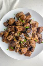 Overhead photo of garlic butter steak bites.