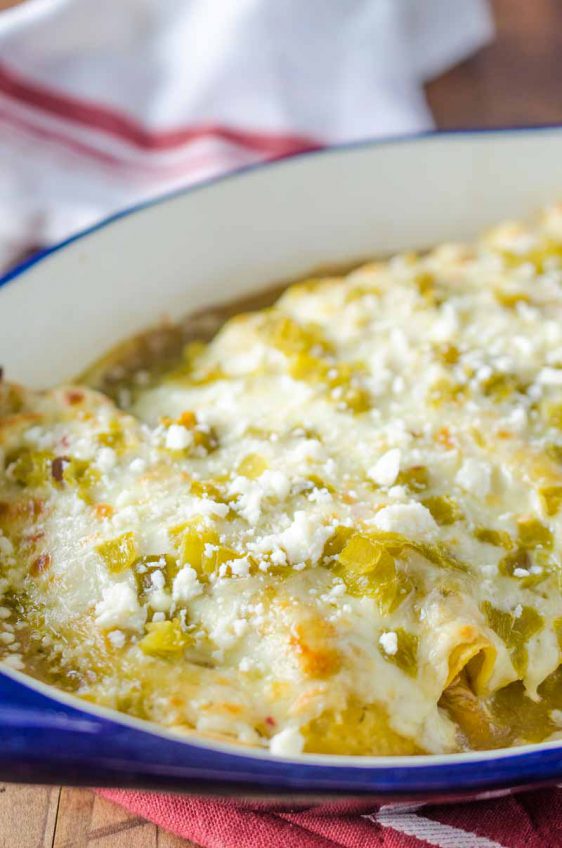 Green Chile Chicken Enchiladas are loaded with chicken, chiles and 3 kinds of cheese. They are perfect way to use leftover chicken.
