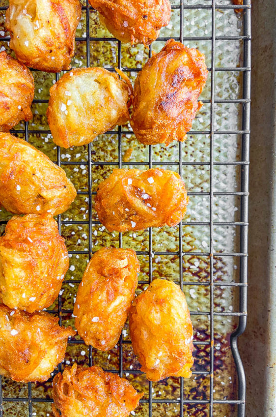 Homemade Tater Tots on a cooling rack.