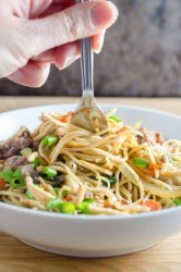 A quick and easy pork and veggie stir-fry with ground pork, carrots, baby bok choy, onions and mushrooms.