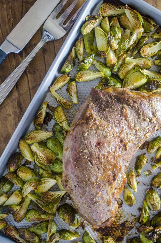 Your whole family will love this easy and delicious One Pan Roasted Beef Tri-Tip & Brussels Sprouts!