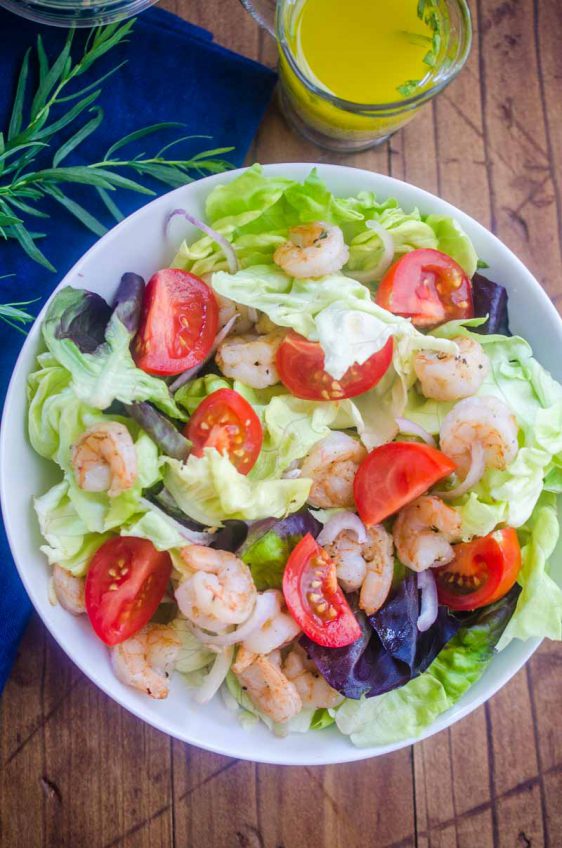 Tarragon Shrimp Salad is loaded with tender butter lettuce, shrimp, tomatoes and shallots tossed in a tarragon vinaigrette. It's a perfect summer lunch!