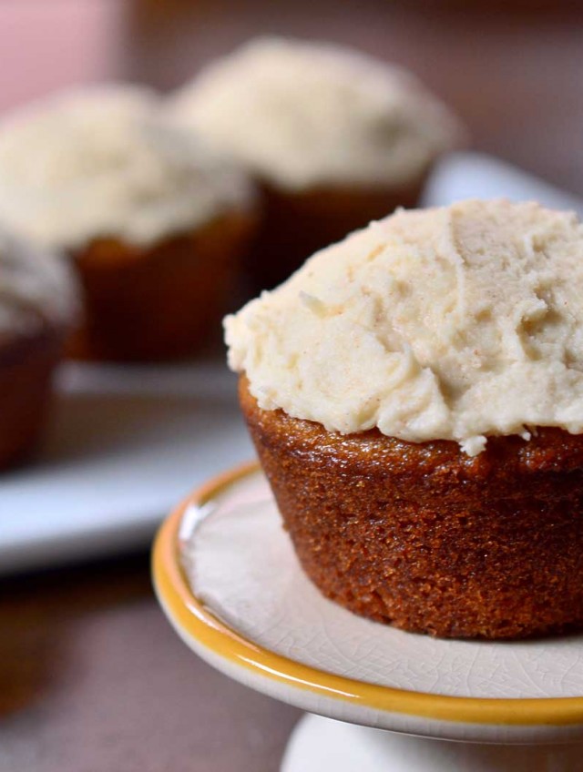 Delectable pumpkin cupcakes topped with browned butter maple frosting.