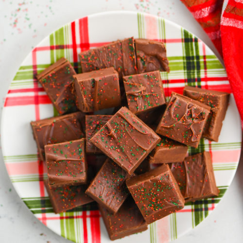 3 Ingredient Fudge on a plaid plate.