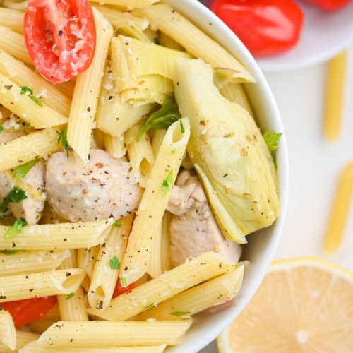 A bowl of chicken penne.