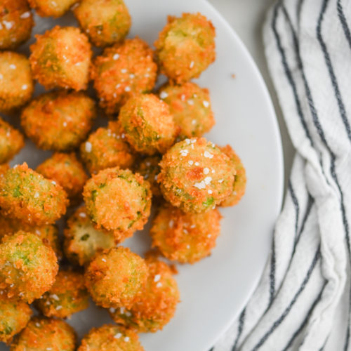 Fried okra on white plate.