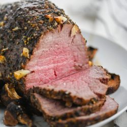 Sliced garlic roast beef.