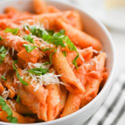 Penne alla Vodka in the a white bowl.