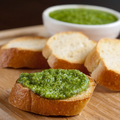 Arugula pesto on sliced bread