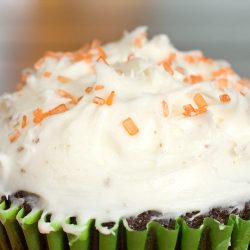 Close up of top of dark chocolate pumpkin cupcake.