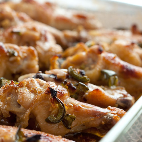 jalapeno ginger chicken wings in baking dish.