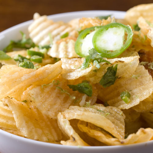 Bowl of jalapeno lime potato chips.