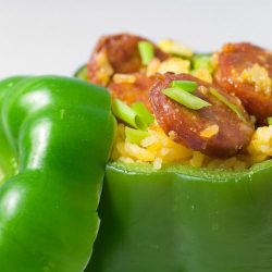 Close up of stuffed green bell pepper.
