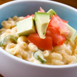 nacho mac and cheese in a blue bowl.