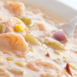 close up of shrimp and corn chowder