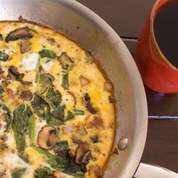 Spinach mushroom frittata in skillet.