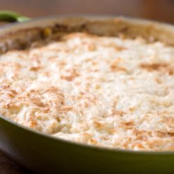 turkey and mushroom shepards pie in pan.