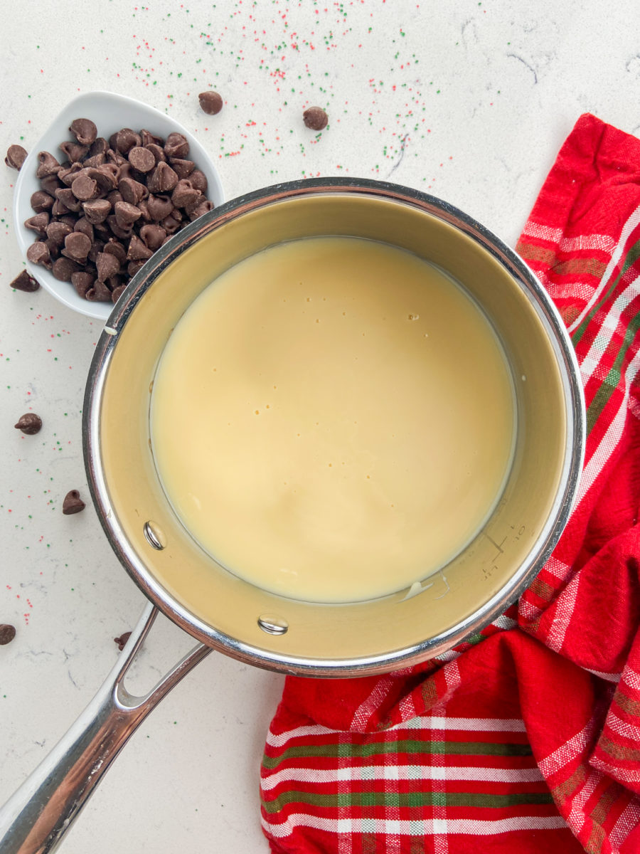 Sweetened condensed milk in small pot. 