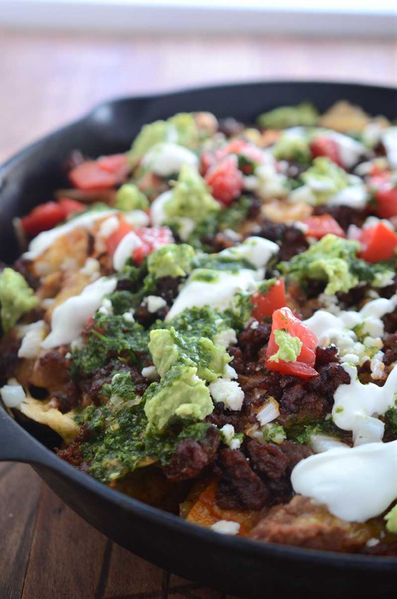 Chorizo Skillet Nachos with Habanero Chimichurri