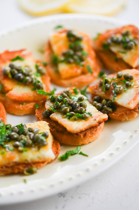 Fried Halloumi Crostini with Lemon Caper Oil