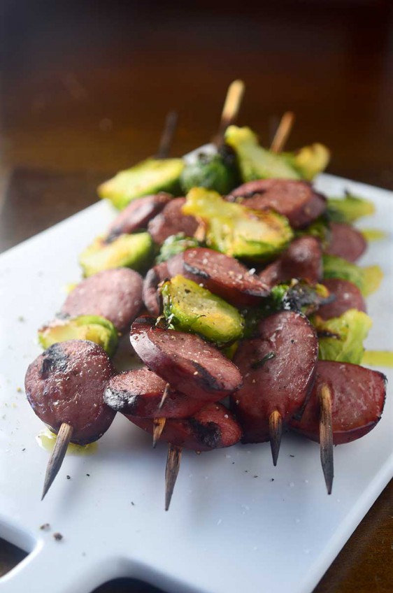 Grilled Brussels Sprouts and Kielbasa Kebabs