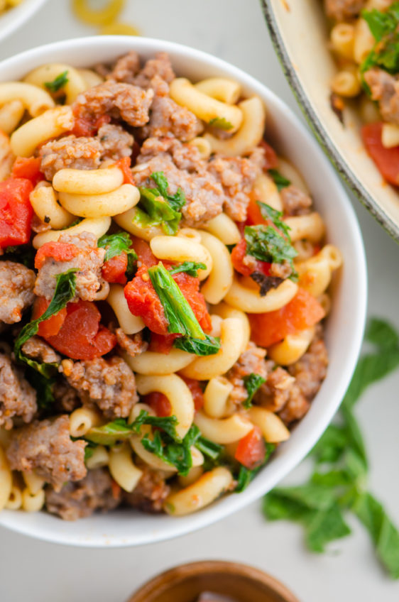 Macaroni and Tomatoes with Sausage and Greens