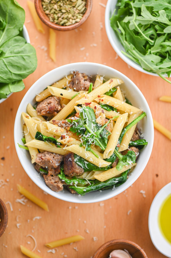 Sausage Arugula and Spinach Pasta