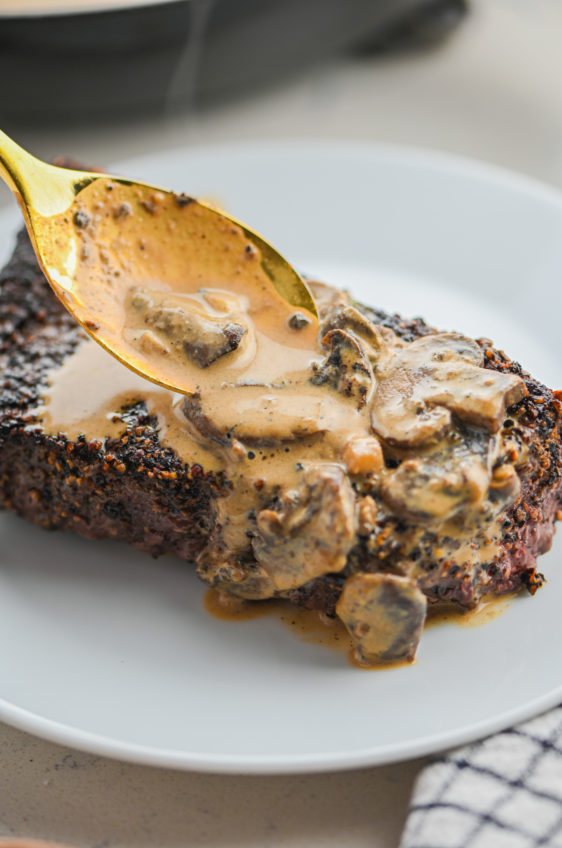 Peppercorn Sirloin Steak with Mushroom Sauce