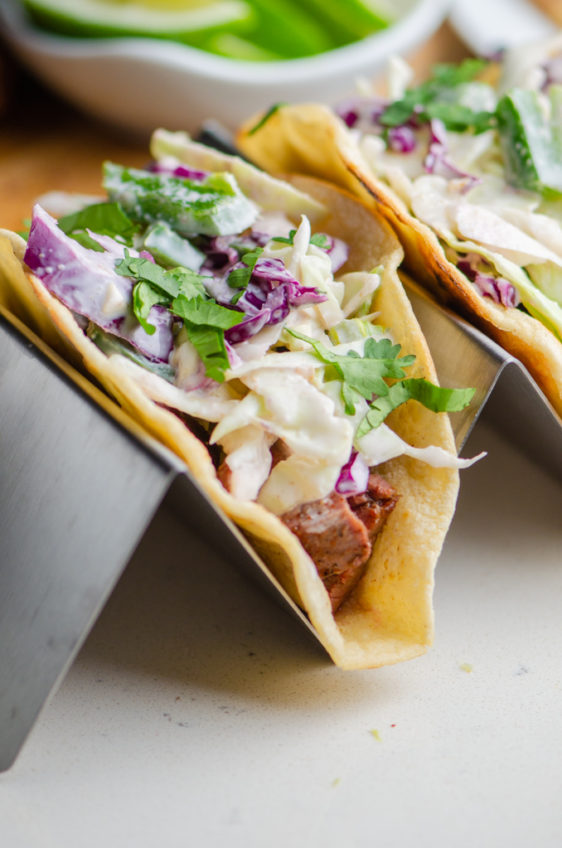 Skirt Steak Tacos with Jalapeno Slaw