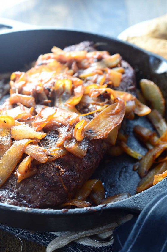 Grilled Steak with Sriracha Caramelized Onions