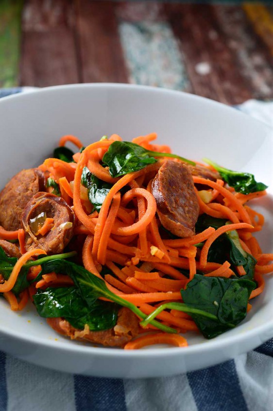 Sweet Potato Noodles with Linguica & Spinach