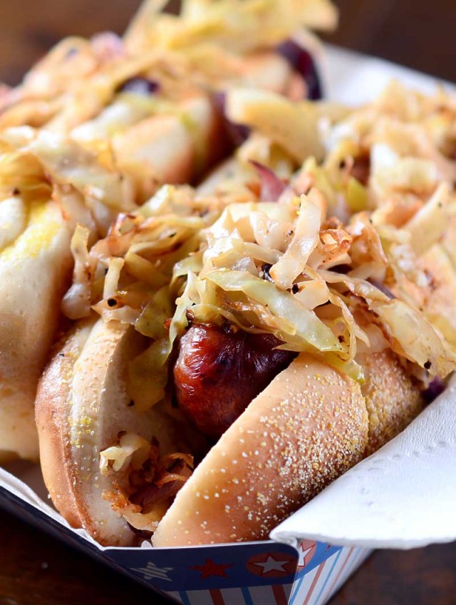 Grilled Brats with Warm Cabbage Slaw